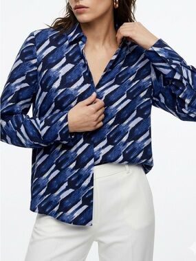 Nic + Zoe Blue Abstract Geometric Split Neck Blouse Top Career Chic Size S